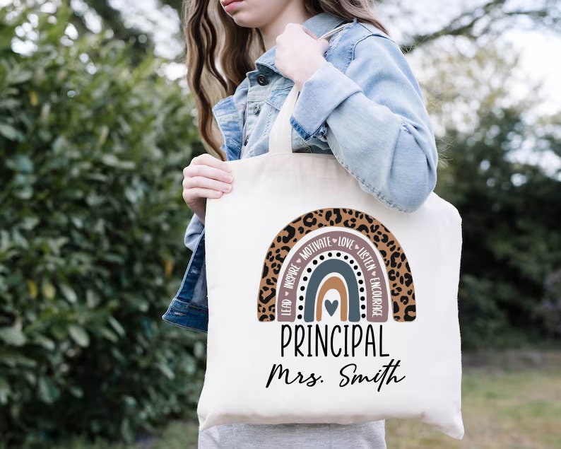 Custom Teacher Bag,New Principal Gift,Teacher Appreciation,Principal Tote Bag,Rainbow Tote Bags,Personalized Name Tote,Back To School Bag imagen 3