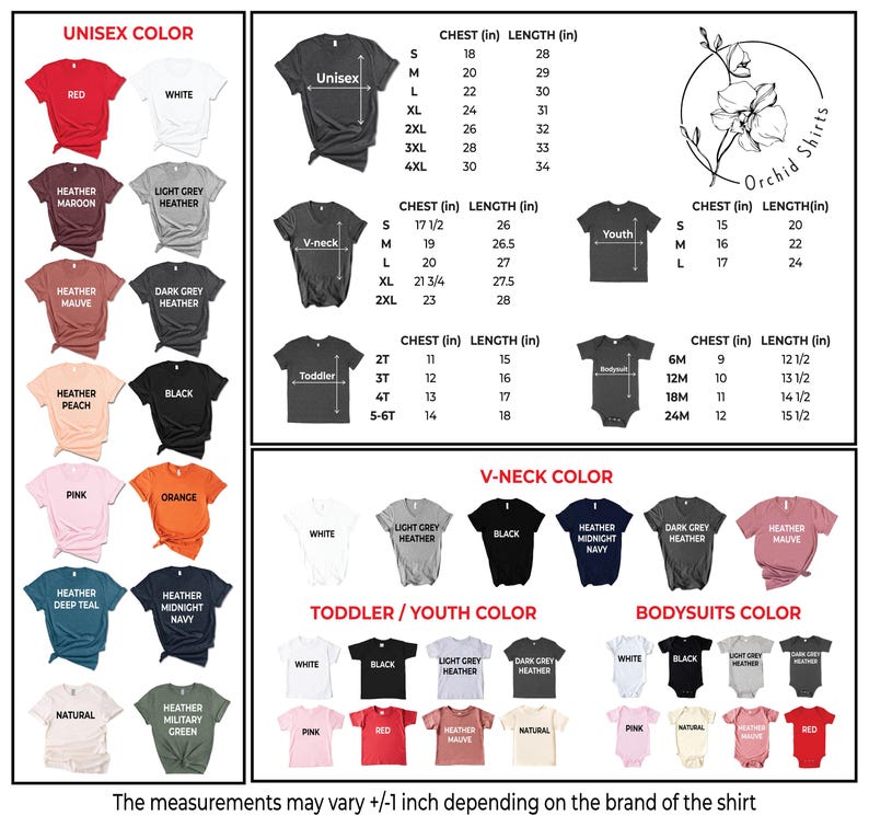May include: A chart showing different t-shirt sizes and colors for unisex, v-neck, toddler, youth, and bodysuit styles. The chart includes chest and length measurements in inches. The chart also includes a variety of colors, including red, white, heather maroon, light grey heather, heather mauve, dark grey heather, heather peach, black, pink, orange, heather deep teal, heather midnight navy, natural, and military green.
