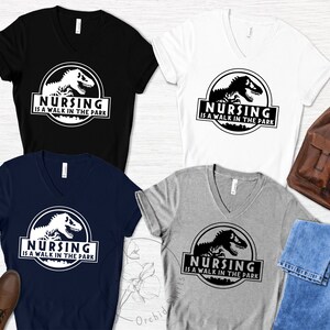 May include: Four V-neck t-shirts with a white dinosaur graphic and the text "Nursing is a walk in the park". The shirts are in black, navy blue, white, and heather gray.