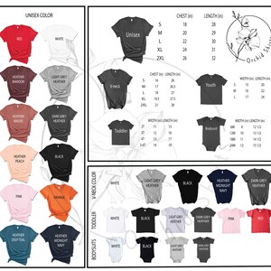 以下が含まれることがあります： 赤、白、黒など、さまざまな色のTシャツが写っている商品画像。ユニセックス、Vネック、幼児、ボディスーツのスタイルのサイズチャートも表示されており、胸囲と長さの測定値はインチで表示されています。