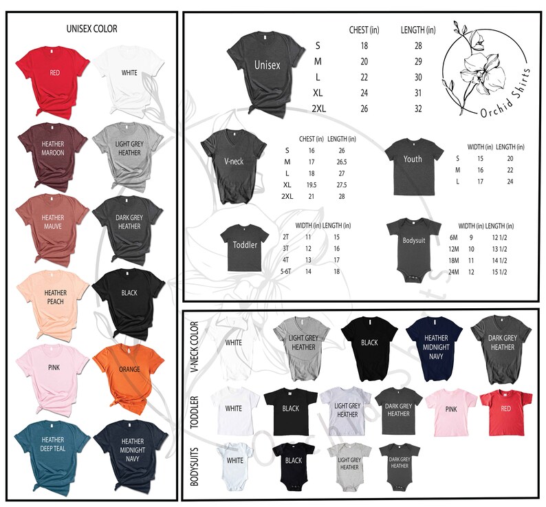 以下が含まれることがあります： 赤、白、黒など、さまざまな色のTシャツが写っている商品画像。ユニセックス、Vネック、幼児、ボディスーツのスタイルのサイズチャートも表示されており、胸囲と長さの測定値はインチで表示されています。