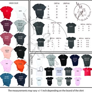 May include: A chart showing different t-shirt sizes and colours for unisex, youth, toddler, and bodysuit styles. The chart includes measurements in inches for chest and length. The chart also includes a variety of colours, including red, white, heather maroon, heather mauve, heather peach, black, pink, orange, heather deep teal, heather midnight navy, light grey heather, and dark grey heather.