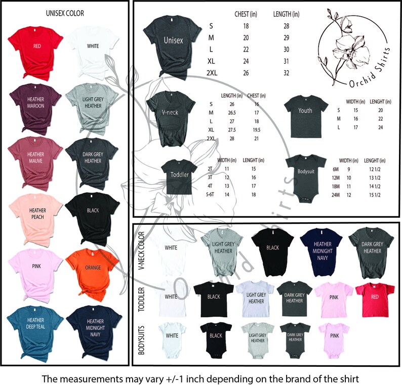 May include: A chart showing different t-shirt sizes and colours for unisex, youth, toddler, and bodysuit styles. The chart includes measurements in inches for chest and length. The chart also includes a variety of colours, including red, white, heather maroon, heather mauve, heather peach, black, pink, orange, heather deep teal, heather midnight navy, light grey heather, and dark grey heather.