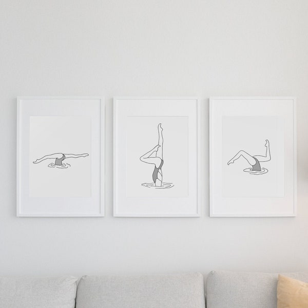 Wandposterset - Synchronschwimmende Figuren - Künstlerisches Schwimmplakat - Minimalistisches Poster - Line Art