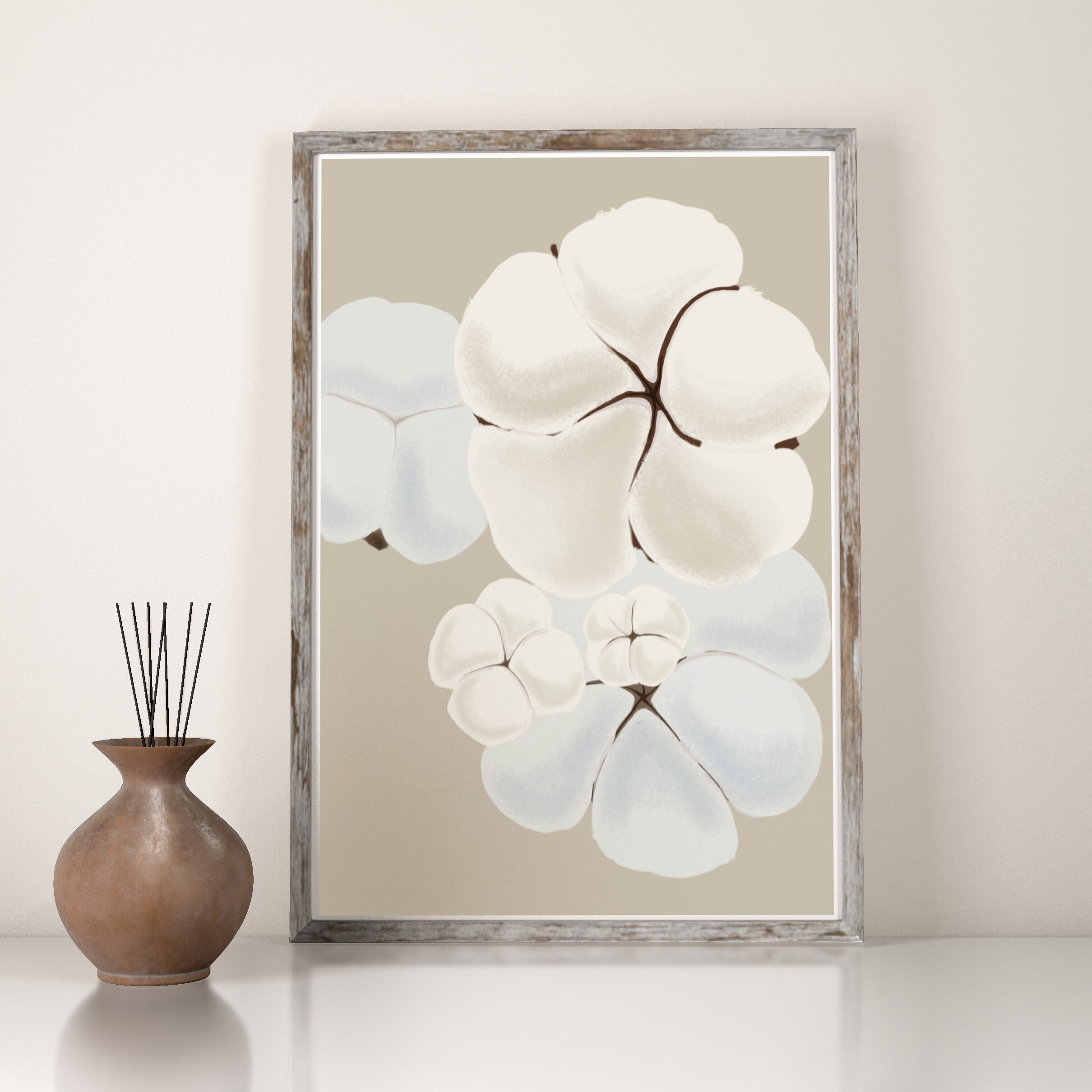 Affiche Imprimée A4, A3 - Fleurs de Coton Poster Vintage Boho Illustration Graphique Décoration Mura