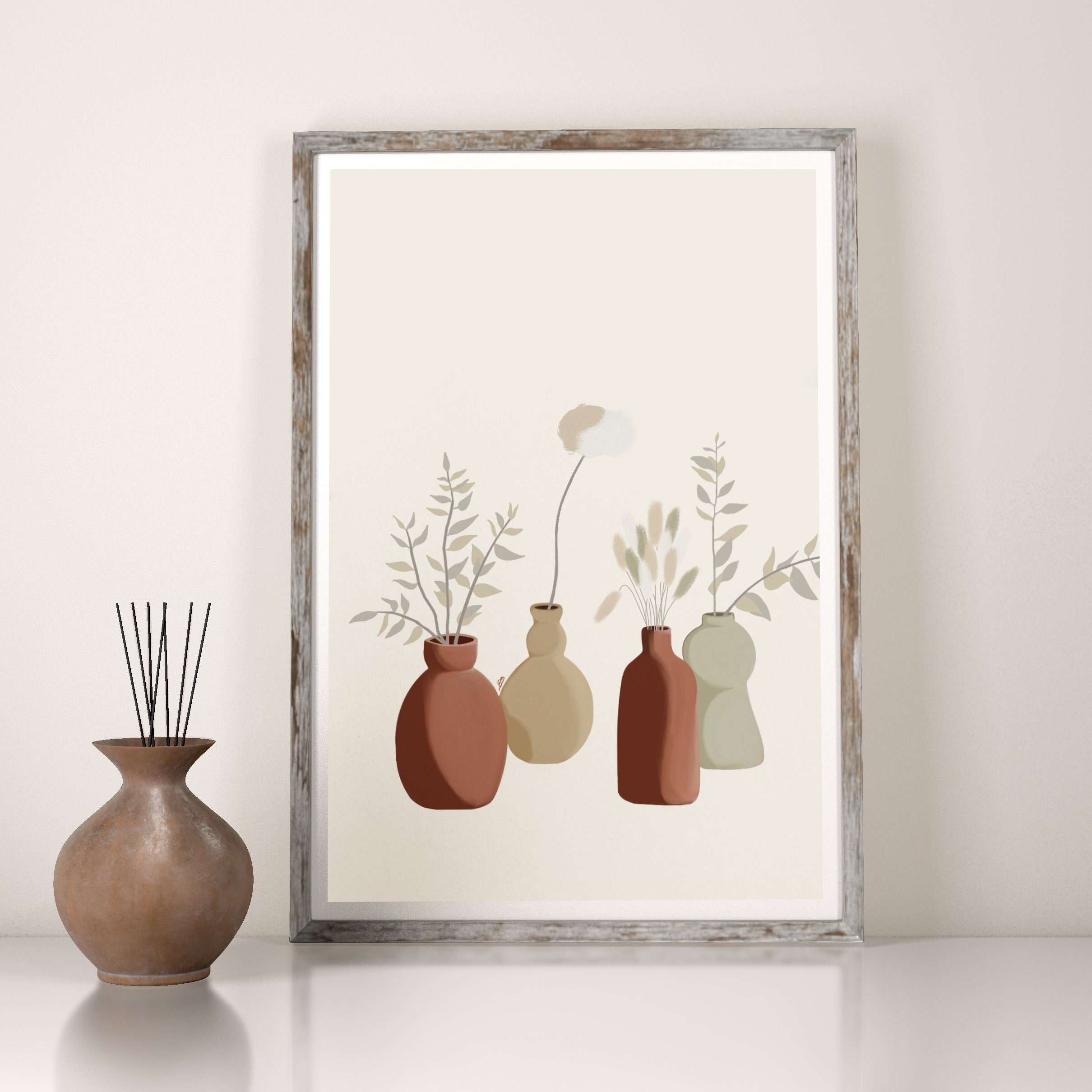 Affiche Imprimée A4, A3 - Ensemble Poterie Illustration Graphique Vase Bouquet Fleur Séchée Décorati