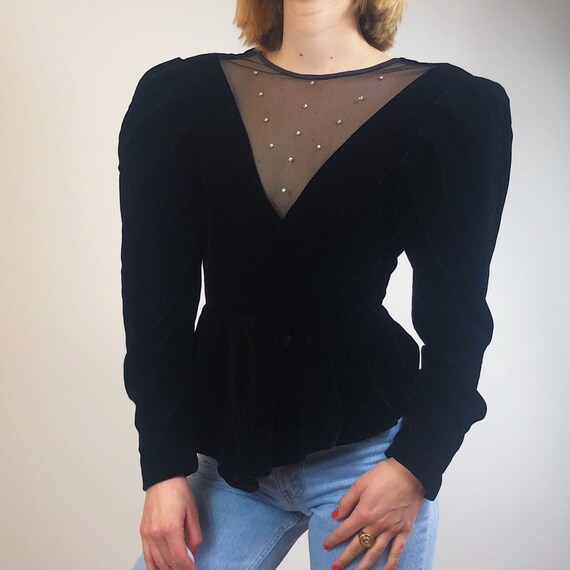 80s bedazzled velvet peplum top with puffed should