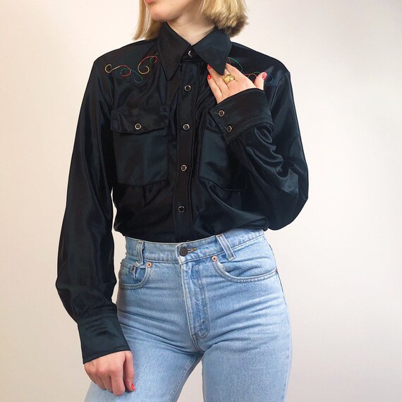 70s vintage black satin nylon western shirt with r