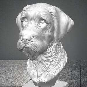 May include: A white monochromatic bust sculpture of a dog with a textured, shaggy coat and floppy ears. The dog head is mounted on a square, block-like base that features a cracked, stone-like surface texture, presented in a neutral studio setting.