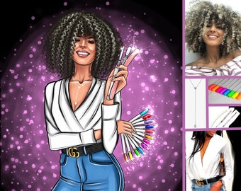 May include: A woman with curly hair holds nail art tools and a fan of colorful nail polish. The text "Rb-Nailsbeauty" is at the bottom of the image.