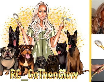 May include: A woman with long blonde hair is surrounded by six dogs. She is holding a gold-colored brush in one hand and a gold-colored spray nozzle in the other. The dogs are all different breeds and colors. The text "RC_GoThenGlow" is written in gold letters at the bottom of the image.