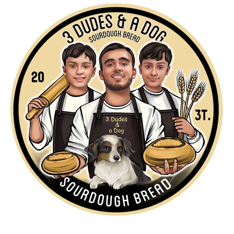 Puede incluir: Logotipo circular con el texto "3 Dudes & a Dog Sourdough Bread". La ilustraci&oacute;n muestra a tres personas, un perro y pan. Una persona sostiene un rodillo y otra trigo. El logotipo es en beige, negro y blanco.