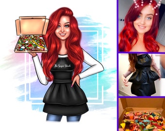 May include: Illustration of a woman with red hair holding a box of colorful candies. She wears a black apron with "The Sugar Shack" printed on it, over a white long-sleeved shirt. The background has a watercolor effect with blue and purple hues.