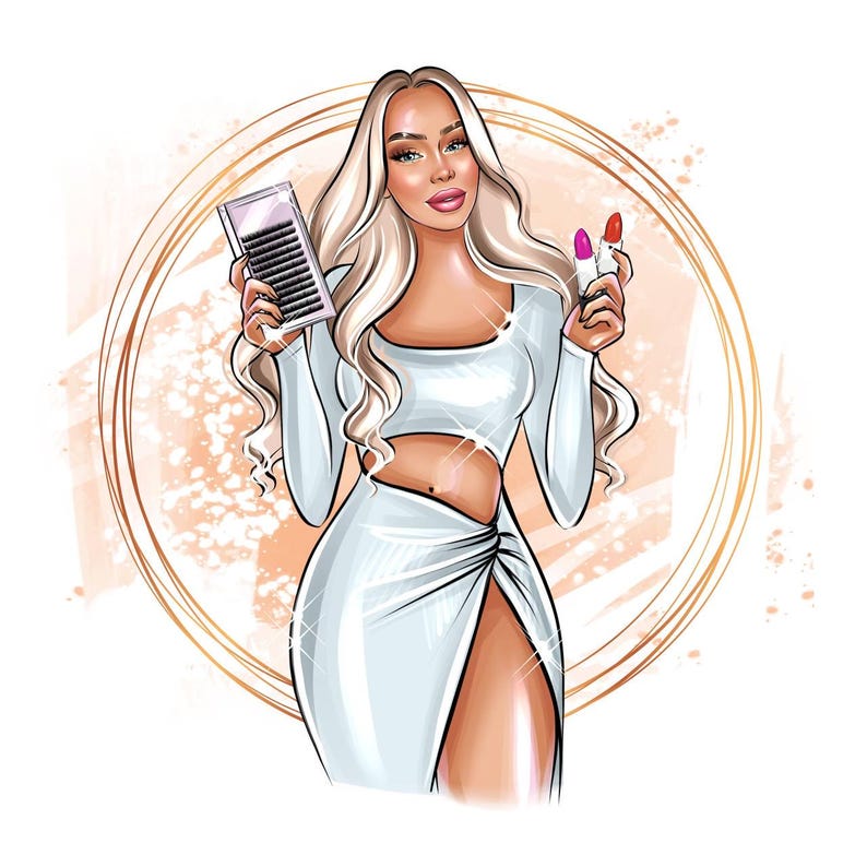 May include: Illustration of a woman with long blonde hair, wearing a white crop top and skirt with a high slit. She holds a tray of false eyelashes in one hand and two lipsticks in the other. The background features a gold circular design.