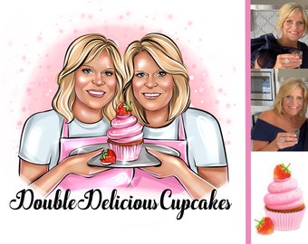 May include: Two women in pink aprons holding a plate with a pink cupcake topped with a strawberry. The text "Double Delicious Cupcakes" is below the image.