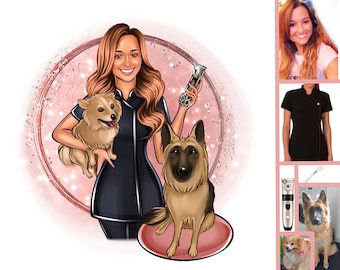 May include: A woman in a black uniform holds two dogs, a small brown and white dog and a larger brown and black dog. She is holding clippers in her other hand. The image is set against a pink and white background with glitter.