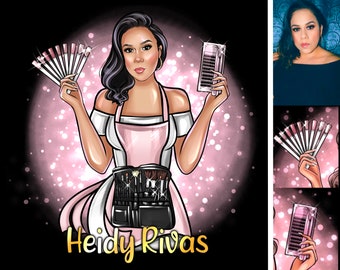 May include: A cartoon illustration of a woman wearing a pink apron and holding makeup brushes and false eyelashes. The text "Heidi Rivas" is written in gold letters below the image.