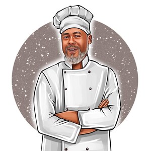 Puede incluir: Ilustraci&oacute;n de un chef con gorro y chaqueta blancos, con los brazos cruzados. El chef tiene barba gris y sonr&iacute;e. El fondo es un c&iacute;rculo gris con motas blancas.