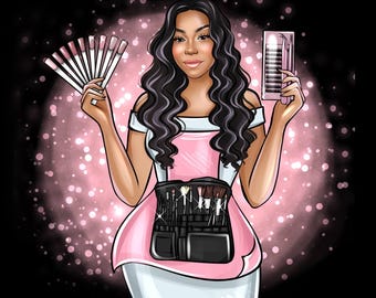 May include: Illustration of a woman with long, dark wavy hair, holding a fan of nail swatches and a package of false eyelashes. She wears a pink apron over a white dress and a black makeup brush belt. The background is black with pink sparkles.