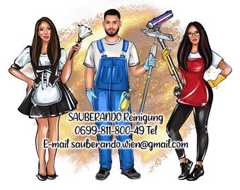 Può includere: Illustrazione di tre persone, due donne e un uomo, in abbigliamento per le pulizie. L'immagine include il testo "SAUBERANDO Reinigung", un numero di telefono e un indirizzo e-mail. Lo sfondo ha un effetto scintillante dorato.