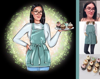 May include: A woman wearing a light blue apron and a white shirt holds a plate of colorful cupcakes. The cupcakes are decorated with sprinkles, frosting, and fruit. The background is a sparkly green and white design.
