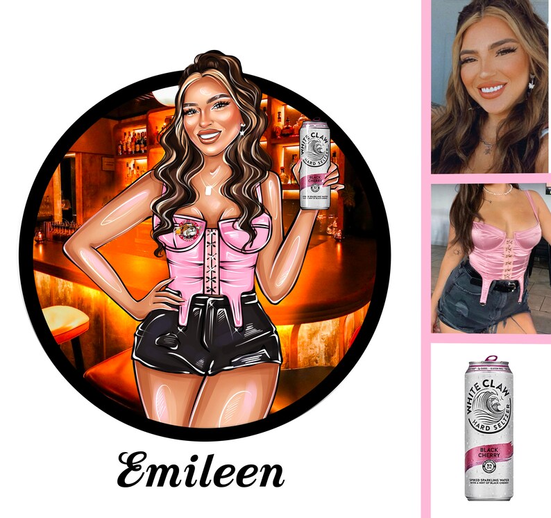 K&ouml;nnte beinhalten: Eine digitale Illustration einer Frau, die eine Dose White Claw Hard Seltzer Black Cherry h&auml;lt. Die Frau tr&auml;gt ein rosa Korsett-Oberteil und schwarze Shorts. Der Hintergrund ist eine Barszene mit einem warmen orangenen Schein.