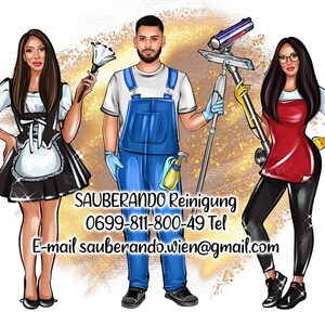 May include: Illustration of three people, two women and one man, in cleaning attire. The image includes the text "SAUBERANDO Reinigung" and a phone number and email address. The background has a golden glow.