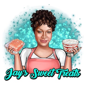 Puede incluir: Ilustración de una persona con un delantal rosa, sosteniendo un recipiente de comida rosa y un postre en un vaso. El texto "Jay's Sweet Treats" está escrito en una fuente turquesa.