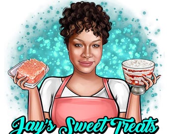 May include: Illustration of a person wearing a pink apron, holding a container of pink food and a dessert in a glass. The text "Jay's Sweet Treats" is written in a teal script font.