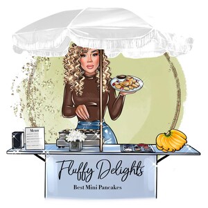 Puede incluir: Ilustraci&oacute;n de una mujer con cabello rizado, vestida con un top marr&oacute;n y jeans azules, sosteniendo un plato de mini panqueques con bayas y salsa de chocolate. La imagen presenta un carrito de comida con el texto "Fluffy Delights Best Mini Pancakes". Un paraguas blanco proporciona sombra.