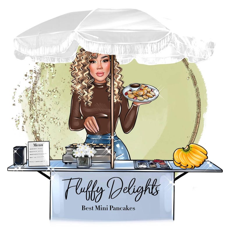 Puede incluir: Ilustraci&oacute;n de una mujer con cabello rizado, vestida con un top marr&oacute;n y jeans azules, sosteniendo un plato de mini panqueques con bayas y salsa de chocolate. La imagen presenta un carrito de comida con el texto "Fluffy Delights Best Mini Pancakes". Un paraguas blanco proporciona sombra.