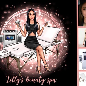 May include: Illustration of a woman in a black dress sitting on a white massage table, holding beauty tools. The background has a pink circular design and the text "Lilly's beauty spa".