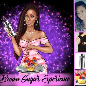 K&ouml;nnte beinhalten: Eine digitale Illustration einer Frau in einem rosa Kleid, die einen Cocktailshaker h&auml;lt und Schokoladenstreusel &uuml;ber Cupcakes mit Beeren streut. Der Text "Brown Sugar Experience" befindet sich am unteren Rand des Bildes.
