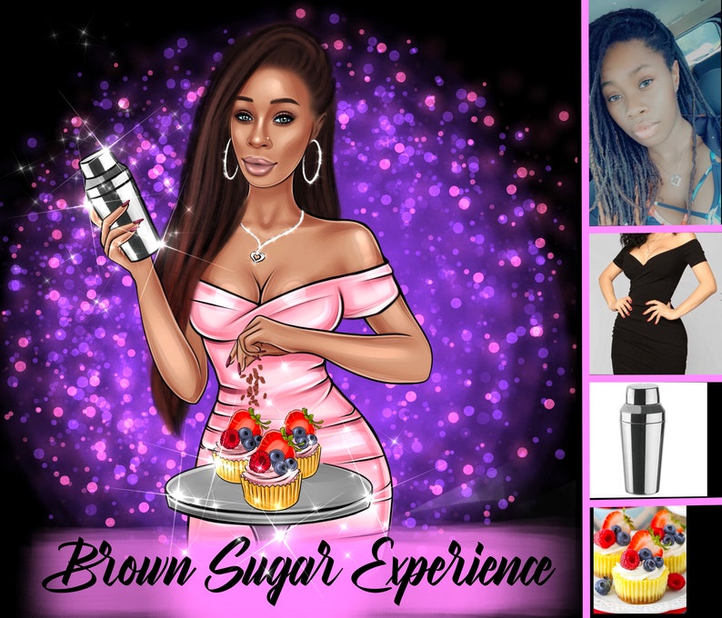 K&ouml;nnte beinhalten: Eine digitale Illustration einer Frau in einem rosa Kleid, die einen Cocktailshaker h&auml;lt und Schokoladenstreusel &uuml;ber Cupcakes mit Beeren streut. Der Text "Brown Sugar Experience" befindet sich am unteren Rand des Bildes.