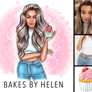 K&ouml;nnte beinhalten: Eine digitale Illustration einer Frau mit langen blonden Haaren, die einen rosa und wei&szlig;en Cupcake mit einer roten Kirsche oben h&auml;lt. Der Text "BAKES BY HELEN" befindet sich am unteren Rand des Bildes.