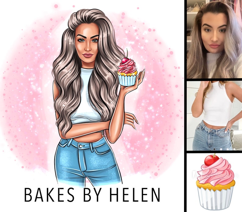 K&ouml;nnte beinhalten: Eine digitale Illustration einer Frau mit langen blonden Haaren, die einen rosa und wei&szlig;en Cupcake mit einer roten Kirsche oben h&auml;lt. Der Text "BAKES BY HELEN" befindet sich am unteren Rand des Bildes.