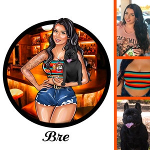 K&ouml;nnte beinhalten: Eine digitale Illustration einer Frau mit langen schwarzen Haaren, die einen schwarzen Franz&ouml;sischen Bulldoggen h&auml;lt. Sie tr&auml;gt ein gestreiftes Crop-Top, Jeans-Shorts und eine goldene Kette. Der Hintergrund ist eine Bar mit Regalen voller Schnapsflaschen.