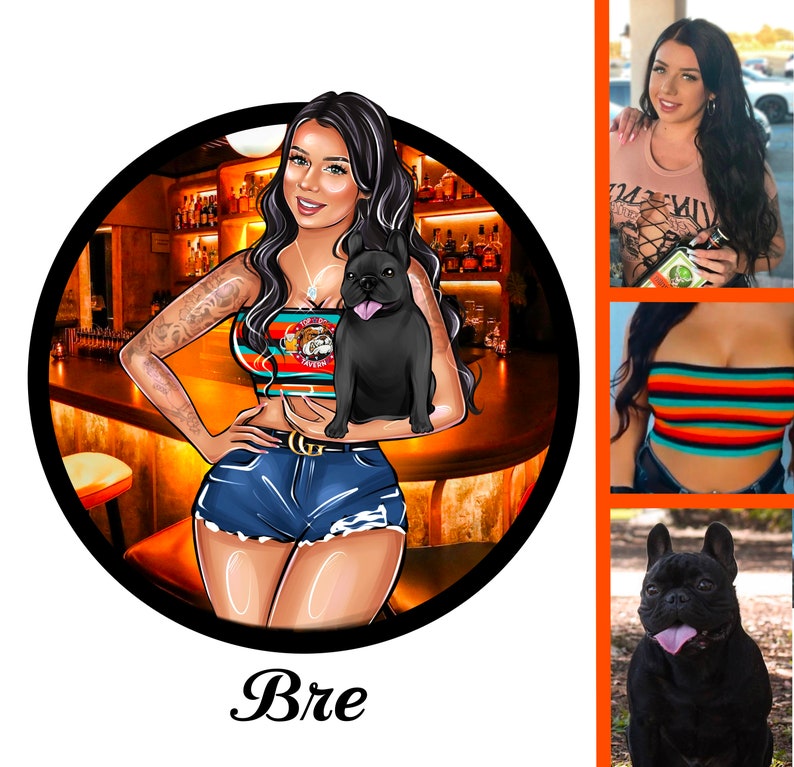 K&ouml;nnte beinhalten: Eine digitale Illustration einer Frau mit langen schwarzen Haaren, die einen schwarzen Franz&ouml;sischen Bulldoggen h&auml;lt. Sie tr&auml;gt ein gestreiftes Crop-Top, Jeans-Shorts und eine goldene Kette. Der Hintergrund ist eine Bar mit Regalen voller Schnapsflaschen.