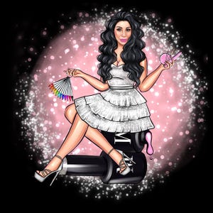 May include: Illustration of a woman in a white dress, seated on black nail polish bottles. She holds nail art tools and a colour swatch fan. The background is pink with glitter effects, set against a black backdrop.