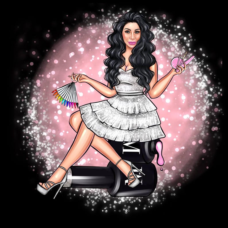 May include: Illustration of a woman in a white dress, seated on black nail polish bottles. She holds nail art tools and a colour swatch fan. The background is pink with glitter effects, set against a black backdrop.
