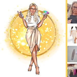May include: A woman with blonde hair and glasses is holding a fan of nail polish colors and a lipstick. She is wearing a white shirt and a beige skirt. The background is a gold circle with a sparkle effect.
