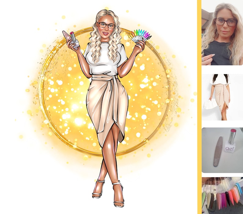 May include: A woman with blonde hair and glasses is holding a fan of nail polish colors and a lipstick. She is wearing a white shirt and a beige skirt. The background is a gold circle with a sparkle effect.