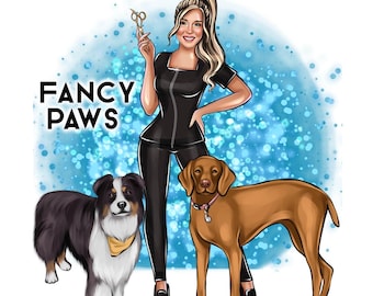May include: A woman with long blonde hair is holding a pair of scissors. She is wearing a black uniform with a zipper. She is standing in front of a blue sparkly background with the text "FANCY PAWS". There are two dogs in the image, one brown and one black and white.