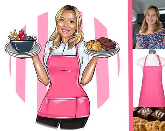 May include: A woman wearing a pink apron holds two trays, one with a bowl of fruit and the other with cookies and brownies.
