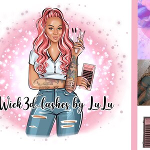 May include: Illustration of a woman with pink hair, wearing a white top and blue jeans, holding eyelash extension tools and a tray of lashes. The text "Wick 3d lashes by LuLu" is written below the illustration, set against a pink background.