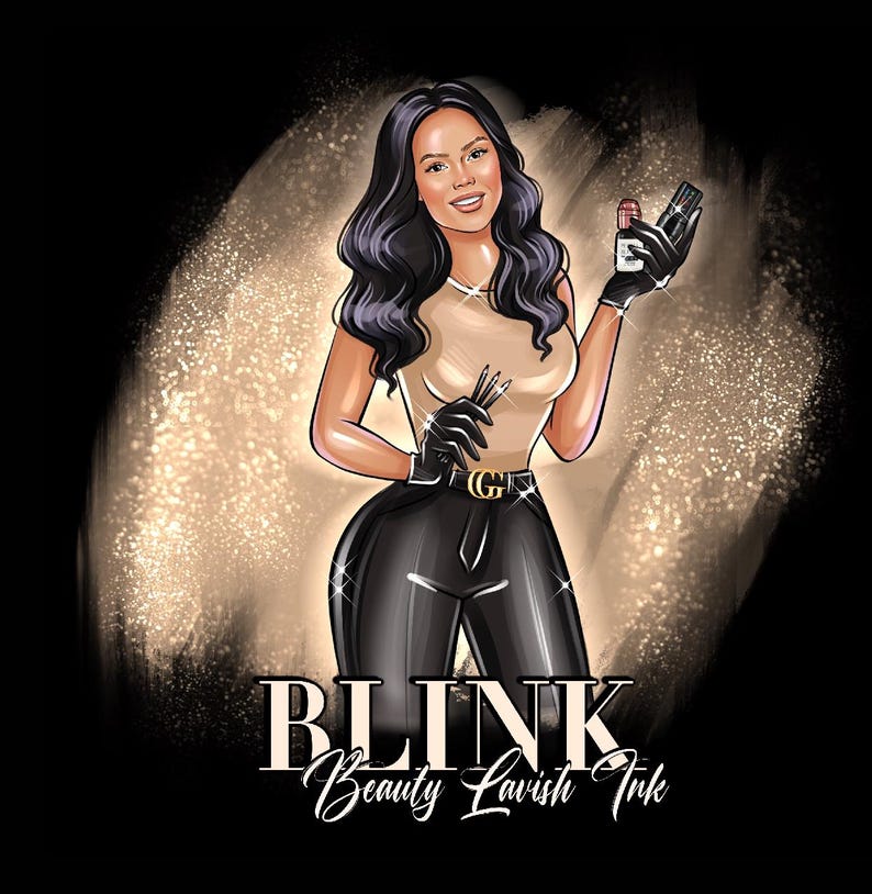 May include: Illustration of a woman with long black hair, wearing a tan top, black trousers, and black gloves. She holds beauty products and tools. The image has a gold and black background with the text "BLINK Beauty Lavish Ink".