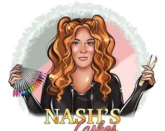 May include: Illustration of a woman with auburn hair, holding a fan of colorful nail polish samples in one hand and eyelash extension tweezers in the other. The logo reads "NASH'S Lashes" in gold and pink lettering. The woman is wearing a black top.