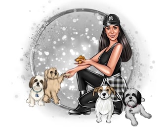 Pet Groomer Logo Design, Pet Fokker Logo, Dog Walker logo, Familie Logo met huisdier, Pet Logo, Cartoon logo, Digitaal Portret, Custom Business L