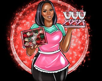 May include: A woman wearing a pink apron and a green shirt is holding a box of chocolate-covered strawberries and a tray of chocolate-covered strawberries on sticks. The background is a red and white sparkly design.