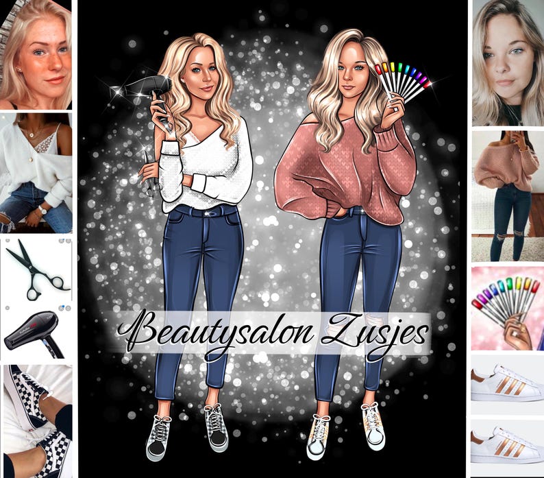 May include: An illustration of two women with blonde hair, wearing jeans and trainers. One holds a hairdryer and scissors, the other a palette of nail polish colours. The text "Beautysalon Zusjes" is displayed in cursive.